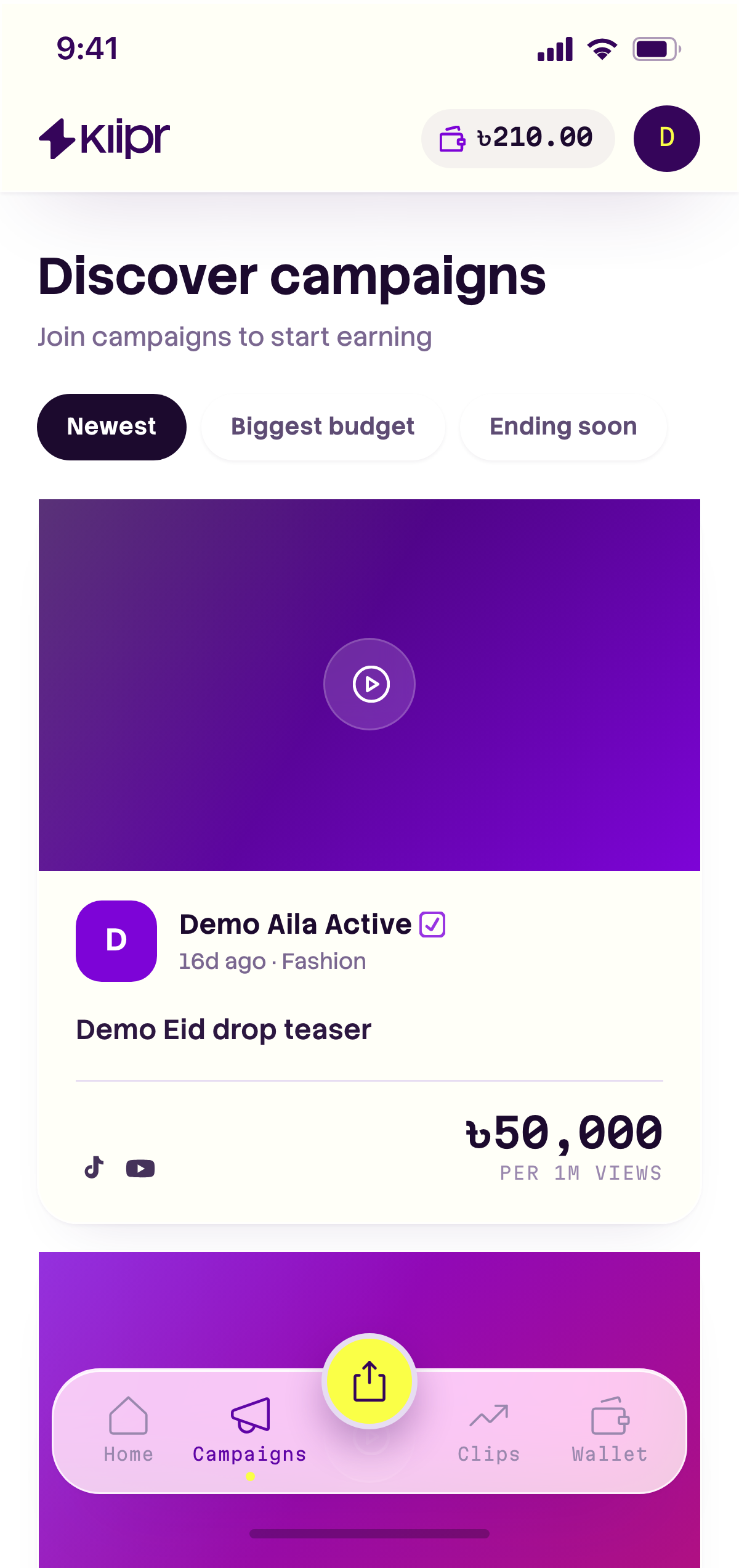 The Klipr app — browse live campaigns and earn per verified view